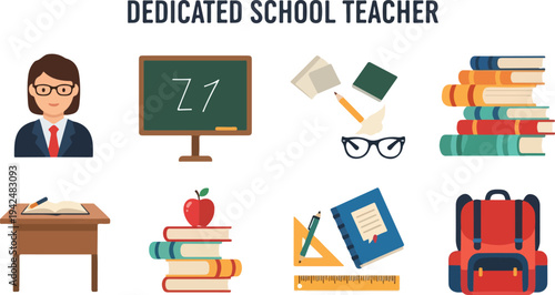 The image displays eight educationalthemed illustrations