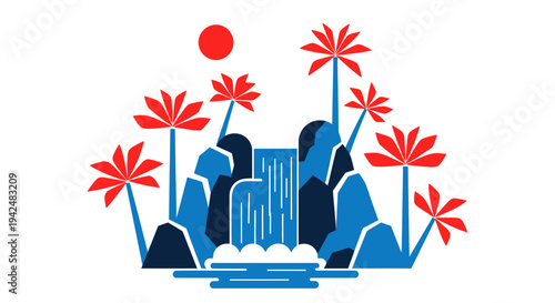 Stylized Tropical Waterfall Oasis with Palm Trees and Red Sun