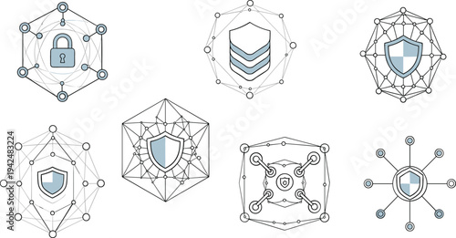 Cyber security and data protection technology icon set featuring shield, lock, secure network nodes and digital protection symbols vector illustration