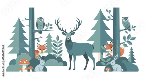Whimsical Forest Animals Illustration: Deer, Owl, Fox, Rabbit, Mushrooms