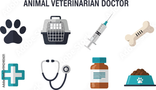 The image displays vet icons paw carrier syringe bone cross stethoscope bottle bowl