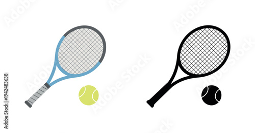 Tennis Racket Ball Icon Showing Modern Minimal Sport Sign Racquet and Ball Silhouette Illustration Vector Graphics
