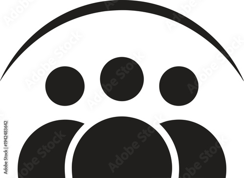 A clean black and white vector silhouette of three human figures under a protective arc. This design symbolizes community support, social inclusion, and the collective defense against racial discrimin