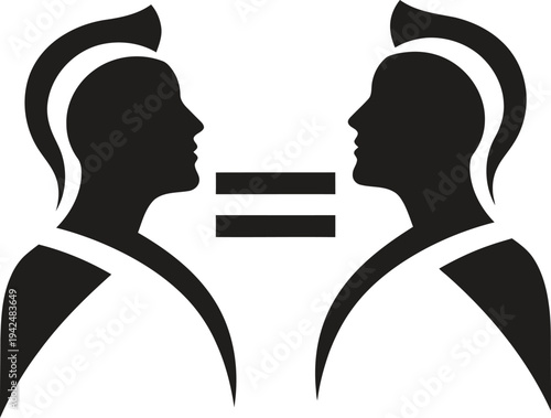 A minimalist black and white vector illustration featuring an equal sign positioned between two facing human profile silhouettes. This design powerfully represents the concept of social equality, equa