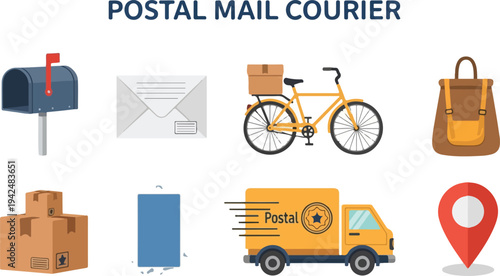 The image displays postal mail courier icons mailbox envelope bicycle bag boxes package truck and marker