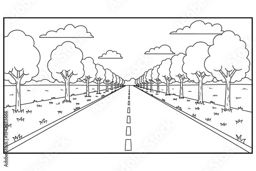 Long Road Landscape Coloring Page – Countryside Road with Trees Printable Line Art for Kids and Adults