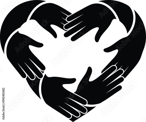 A creative black and white vector silhouette of multiple human hands coming together to form a heart shape. This illustration symbolizes love, kindness, and global solidarity in the fight against raci