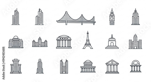 Set of iconic city landmarks and buildings in simple line art style