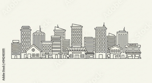 Modern cityscape with office buildings and shops in black lines