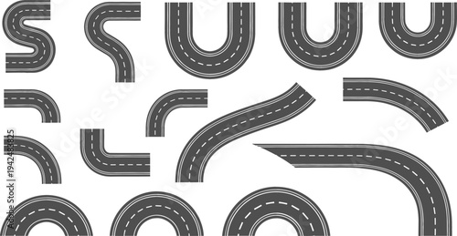 Curved road and highway elements vector set featuring asphalt street segments, curved paths and transportation route pieces for map design and city layout