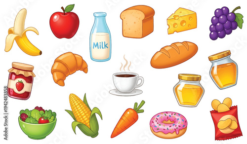 Colorful assortment of various breakfast and snack food items displayed