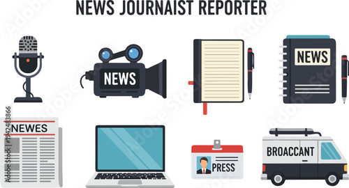 Vector illustration of media tools including microphone camera notepad newspaper laptop and broadcasting van