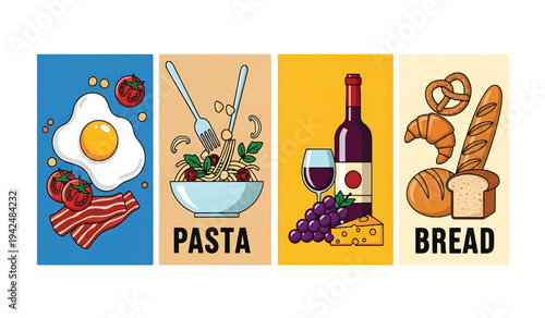 A colorful illustration depicting various food items in separate panels