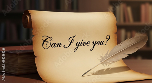 Vintage scroll with quill pen on desk in library setting