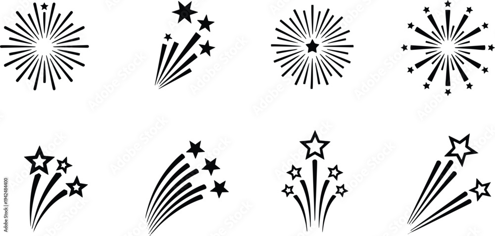 Fototapeta premium A set of vector line art silhouettes depicting various festive firework explosions and star bursts