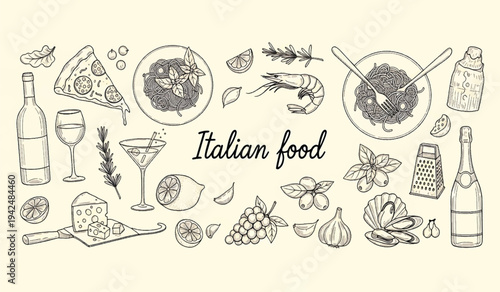 A collection of hand drawn italian food items and ingredients