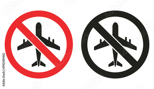 No, flying zone icon set with airplane prohibition symbols, restricted airspace and aviation safety signs, clean modern flat vector design for airports, air traffic management, and safety awareness ap