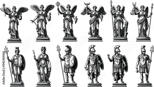 Classical Greek Roman God Goddess Warrior Statue Vector Set Featuring Nike Athena Ares Poseidon Sculptures for Historical Mythology Graphic Design Projects