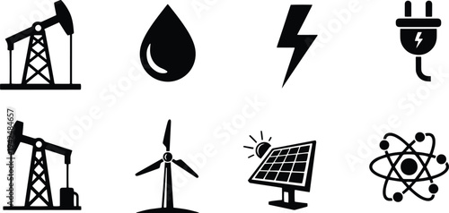 A set of vector line art silhouettes depicting various energy sources and power generation methods