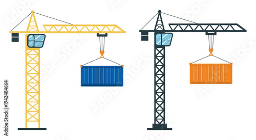 Two construction cranes lifting shipping containers, colorful vector illustration. Shipping, transportation, and industrial worksite concept, cargo and logistics symbols