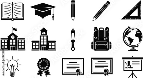 Education and school icon set featuring graduation cap, open book, pencil, ruler, backpack, globe, diploma certificate and classroom presentation vector