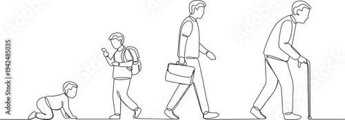  Human life cycle from baby to elderly continuous line art drawing. 