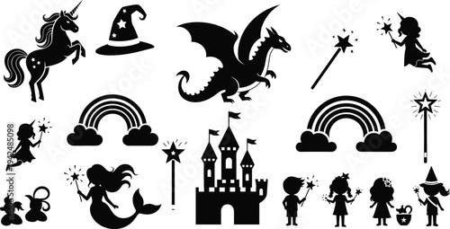 Fantasy fairy tale silhouette icon set featuring unicorn, dragon, magic wand, rainbow, castle, mermaid and fairy characters vector illustration collection