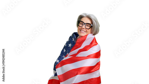 Senior woman smiling wrapped in American flag