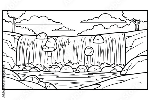 Waterfall Landscape Coloring Page – Nature Waterfall and Forest Printable Line Art for Kids and Adults