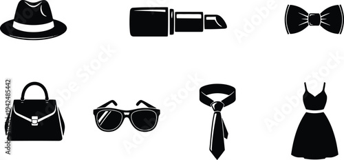 A set of vector line art silhouettes featuring fashion accessories for men and women in black.