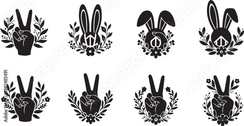 Black and white illustrations of hands and rabbits with floral wreaths