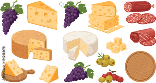 Assorted cheese and deli food vector illustration set featuring Swiss cheese wedges, cheese wheel, salami sausage, olives, grapes and wooden serving board