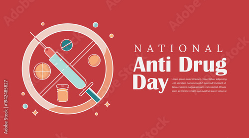 An illustration marking national anti drug day, featuring a crossed-out syringe icon against a red background