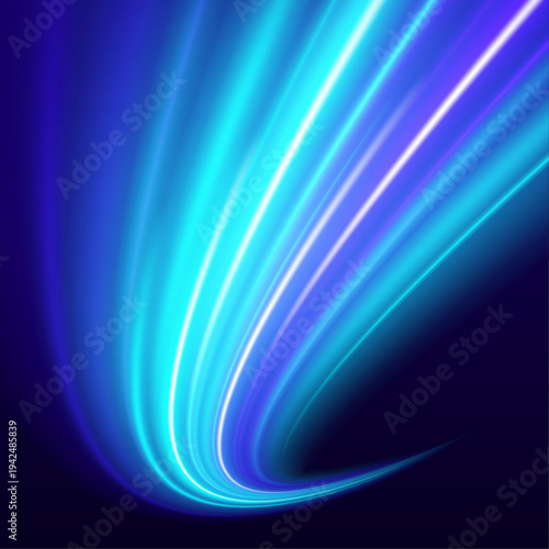 Smooth blue speed streak with radiant glow and flowing light streaks, suitable for digital banners and sci-fi graphics. vector