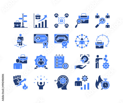 Career Opportunities Icon Collection,  featuring Career Option, Job Search, Employment Hiring, Qualification Certificate, Professional Networking, Motivation Drive, Success Path.