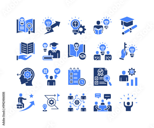Research Innovation Icon Collection,  featuring Academic Research, Knowledge Discovery, Dissertation Study, Idea Brainstorming, Problem Analysis, Development Planning, Collaboration Meeting.
