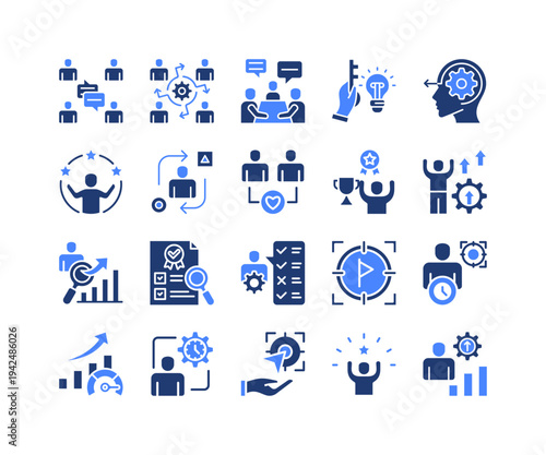 Workplace Skills Icon Collection,  featuring Teamwork Meeting, Initiative Action, Adaptive Skills, Evaluation Feedback, Time Efficiency, Discipline Habit, Performance Goal.