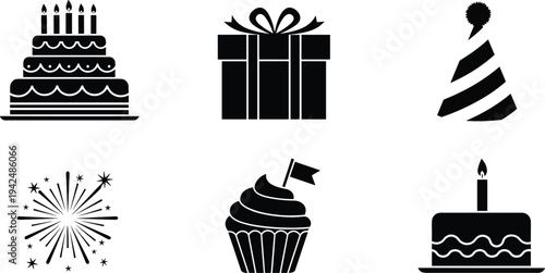 Birthday party celebration icon set featuring cake with candles, gift box, cupcake, party hat and fireworks festive silhouette vector illustration