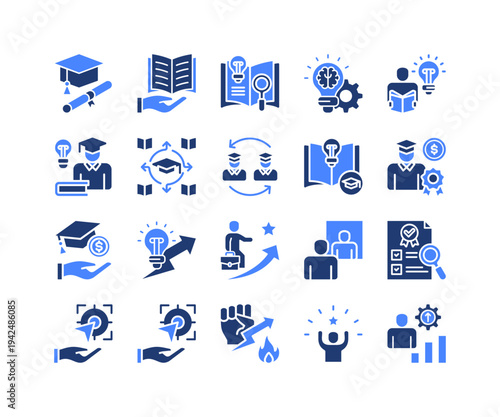 Academic Excellence Icon Collection,  featuring Academic Institution, Scholarship Program, Research Innovation, Knowledge Insight, Achievement Goal, Motivation Drive, Educational Development.