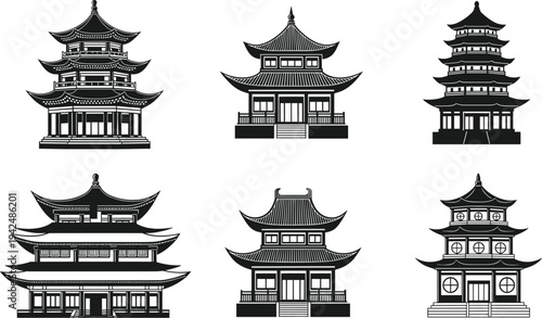 Set of black and white traditional East Asian pagoda icons and ancient Chinese temple building silhouettes isolated on white background