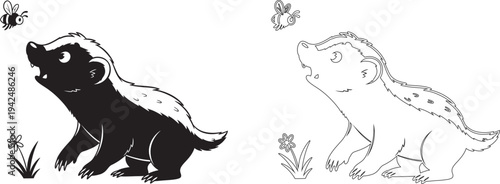 Black and white illustration of two dinosaurs in a prehistoric setting with plants and butterflies