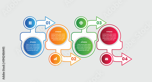 4 points infographic with gradient style with big circle and arrow upside down horizontal direction interlocking with 4 elements stages