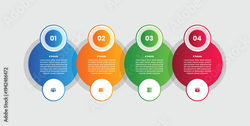 4 points infographic with gradient style with circle big and small transparent combination on horizontal layering with 4 elements stages