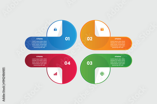 4 points infographic with gradient style with circle and long rectangle extrusion on quadrant structure with 4 elements stages