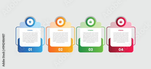 4 points infographic with gradient style with round rectangle box with circle badge on top with self line connection with 4 elements stages