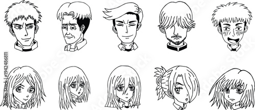 Anime manga character face set with expressive hairstyles. Hand drawn black line head portraits in classic Japanese comic style. Ideal vector collection for storytelling, game design, avatars,