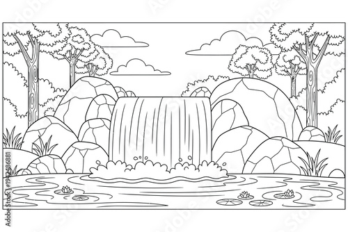 Waterfall Landscape Coloring Page – Nature Waterfall and Forest Printable Line Art for Kids and Adults