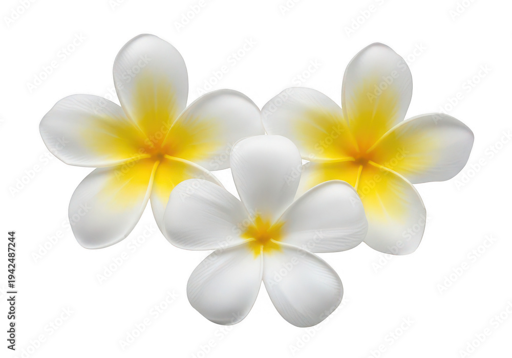 Fototapeta premium Three white plumeria flowers with yellow centers on transparent background