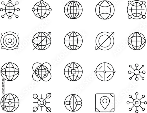 Collection of black outline global network icons featuring world globe symbols and digital connectivity nodes for technology designs