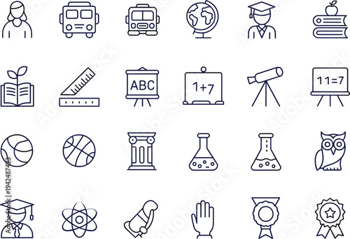 Comprehensive Education Line Icon Set Featuring School Supplies Science Symbols Graduation Elements Learning Tools and Academic Success Icons